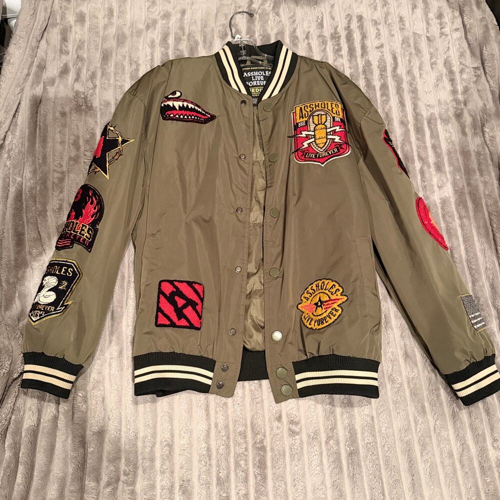 Assholes Live Forever Green Bomber Jacket - Multi-Patch Varsity Size Medium